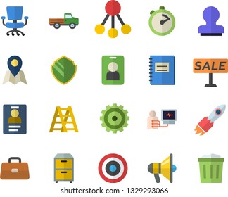 Color flat icon set ladder flat vector, stopwatch, pickup truck, hierarchy, rocket, cogwheel, sell out, briefcase, diagnostics, notebook, badge, office chair, archive, stamp, target, location fector