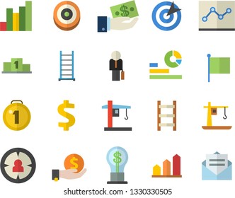 Color flat icon set ladder flat vector, crane, target audience, chart, dollar, investments, idea, statistics, flag, point diagram, businessman, medal, pedestal, achievement, message
