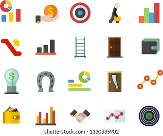 Color flat icon set ladder flat vector, Entrance door, horseshoe, investments, purse, idea, statistics, scatter chart, statistic, point diagram, agreement, businessman, target, escalator fector
