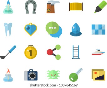 Color flat icon set ladder flat vector, tile, fence, ladle, horseshoe, drop, marker, molecules, chat, virus, tooth, gas burner, nuclear power plant, medal, camera fector, key, yacht, heart pendant