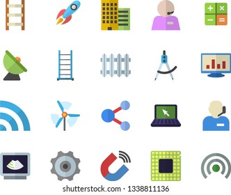 Color flat icon set ladder flat vector, skyscraper, satellite antenna, magnet, dividers, radiator, rocket, calculator, ultrasound, computer chart, phone operator, laptop, cpu, cogwheel, windmill