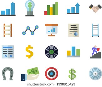 Color flat icon set ladder flat vector, horseshoe, chart, dollar, investments, idea, scatter, statistic, agreement, contract, career, achievement, target