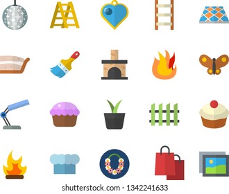 Color flat icon set ladder flat vector, paint brush, fence, flooring, cook hat, fire, cupcake, piece of cake, home plant, butterflies, bonfire, fireplace, bags, reading lamp, hawaiian wreath fector