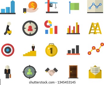 Color flat icon set ladder flat vector, Entrance door, crane, target audience, chart, investments, statistics, scatter, flag, statistic, point diagram, agreement, businessman, career, medal, message