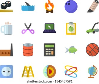 Color flat icon set ladder flat vector, sockets, stationery knife, scissors, canned food, fish rolls, bonfire, lawn mower, manufacturer, coffee, calculator, laptop, core of the earth  , diet