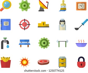Color flat icon set ladle flat vector, soup, chop, French fries, paint brush, water tap, bench, cogwheel, satellite antenna, clock, nurse, target, archive, textbook, barbell, pedestal, sun fector