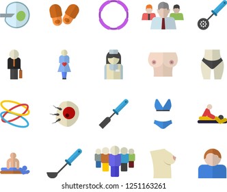 Color flat icon set ladle flat vector, kitchen spatula, spoon, team, massage, gestation, nurse, breast, artificial insemination, businessman, waistline, swimsuit, hoop, slippers fector, user