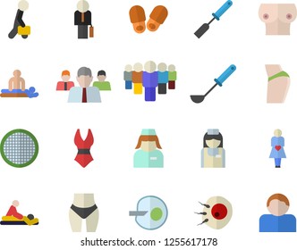 Color flat icon set ladle flat vector, kitchen spatula, sieve, team, massage, gestation, nurse, breast, artificial insemination, businessman, buttocks, waistline, swimsuit, slippers fector, user