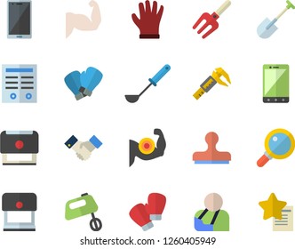 Color flat icon set ladle flat vector, mixer, pitchfork, shovel, gloves, trammel, injury, agreement, contract, stamp, muscles, boxing, magnifier, mobile, favorites