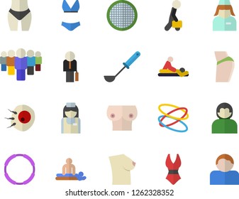 Color flat icon set ladle flat vector, sieve, team, massage, nurse, breast, artificial insemination, businessman, buttocks, waistline, swimsuit, hoop, user