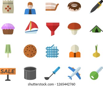 Color flat icon set ladle flat vector, mushroom, onion, cupcake, piece of cake, donut, ice cream, biscuit, seeds, fabric manufacture, pipe production, funnel, person, sell out, sailboat, pen, tent