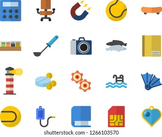 Color flat icon set ladle flat vector, spice, fish, magnet, SIM card, lighthouse, pills, medical warmer, notebook, calculator, office chair, book, cogwheel, skateboard, tennis ball, pool, camera