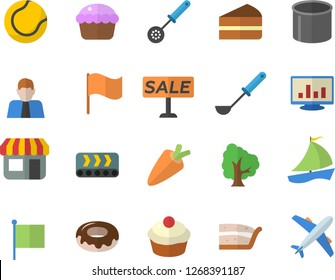 Color flat icon set ladle flat vector, kitchen spoon, carrot, cupcake, piece of cake, donut, tree, conveyor, pipe production, store front, person, flag, sell out, sailboat, computer chart