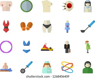 Color flat icon set ladle flat vector, kitchen spoon, sieve, massage, gestation, nurse, breast, artificial insemination, businessman, waistline, swimsuit, hoop, slippers fector, user