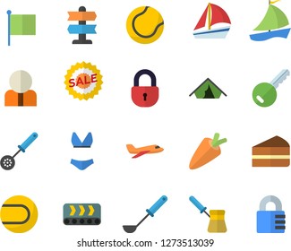 Color flat icon set ladle flat vector, kitchen spoon, turk, carrot, piece of cake, conveyor, person, flag, sell out, sailboat, tennis ball, swimsuit, aircraft fector, tent, pointer, key, lock