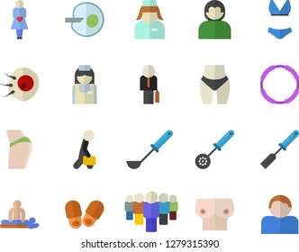 Color flat icon set ladle flat vector, kitchen spatula, spoon, team, massage, gestation, nurse, breast, artificial insemination, businessman, buttocks, waistline, swimsuit, hoop, slippers fector