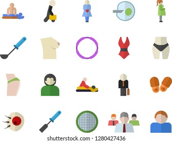 Color flat icon set ladle flat vector, kitchen spatula, sieve, team, massage, gestation, breast, artificial insemination, businessman, buttocks, waistline, swimsuit, hoop, slippers fector, user