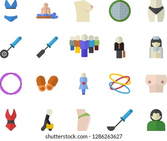 Color flat icon set ladle flat vector, kitchen spatula, spoon, sieve, team, massage, gestation, nurse, breast, businessman, buttocks, waistline, swimsuit, hoop, slippers fector, user