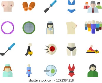 Color flat icon set ladle flat vector, kitchen spatula, sieve, team, massage, gestation, nurse, breast, artificial insemination, businessman, waistline, swimsuit, hoop, slippers fector, user