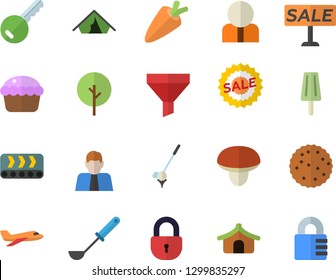 Color flat icon set ladle flat vector, mushroom, carrot, cupcake, ice cream, biscuit, tree, conveyor, funnel, person, sell out, aircraft fector, tent, key, golf, lock