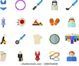 Color flat icon set ladle flat vector, kitchen spatula, spoon, sieve, team, massage, gestation, nurse, breast, artificial insemination, businessman, buttocks, swimsuit, hoop, slippers fector, user