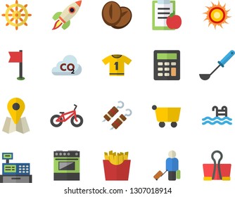 Color flat icon set ladle flat vector, electric stove, shashlik, coffee beans, French fries, carbon dioxide, grocery trolley, location, cash machine, calculator, rocket, diet, bicycle, sports flag