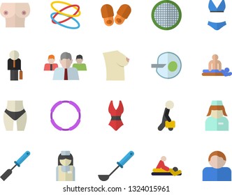 Color flat icon set ladle flat vector, kitchen spatula, sieve, team, massage, nurse, breast, artificial insemination, businessman, waistline, swimsuit, hoop, slippers fector, user