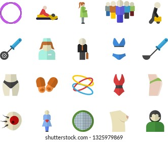 Color flat icon set ladle flat vector, kitchen spoon, sieve, team, massage, gestation, nurse, breast, artificial insemination, businessman, buttocks, waistline, swimsuit, hoop, slippers fector, user