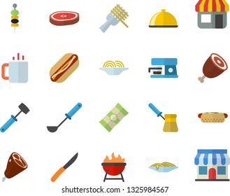 Color flat icon set ladle flat vector, knives, meat hammer, turk, coffee machine, barbecue, dish, spaghetti, on a fork, hot dog, ham, chop, tea, canape, store front