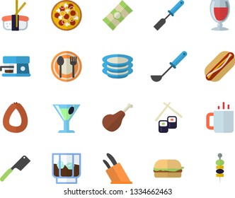 Color flat icon set ladle flat vector, kitchen spatula, knives, coffee machine, table setting, plates, spaghetti, ham, sausage, hamburger, hot dog, pizza, fish rolls, sashimi, wine, cocktail, tea