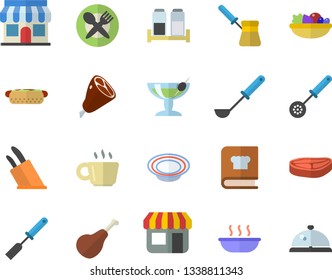 Color flat icon set ladle flat vector, kitchen spatula, spoon, knives, turk, cookbook, spice, chop, ham, hot dog, dish, salad, soup, store front, coffee, cocktail fector, table setting, jingle