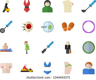 Color flat icon set ladle flat vector, kitchen spatula, spoon, sieve, massage, gestation, breast, artificial insemination, businessman, buttocks, swimsuit, hoop, slippers fector, user