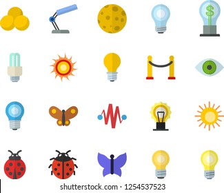 Color flat icon set ladybird flat vector, butterflies, lamp, idea, eye, reading, moon, bulb, energy saving fector, electric discharge, pills, VIP area, sun