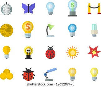 Color flat icon set ladybird flat vector, butterflies, lamp, idea, reading, moon, bulb, energy saving fector, spark, pills, VIP area, sun, disco ball