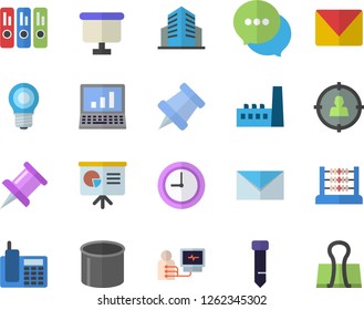 Color flat icon set lamp flat vector, manufactory, pipe production, target audience, flipchart, chat, diagnostics, drawing pin, clock, office building, abacus, telephone, folder, tie, mail, computer