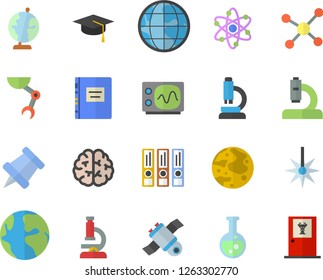 Color flat icon set laser flat vector, earth, microscope, flask, molecule, atom, robot hand, moon, satellit, globe, bachelor cap, oscilloscope, textbook, pushpin, folders for papers, brain