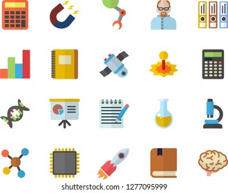 Color flat icon set laser flat vector, magnet, rocket, medical analysis, molecules, microscope, notepad, chart, robot hand, satellit, cpu, textbook, notebook, scientist, presentaition board, dna