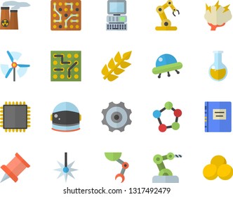Color flat icon set laser flat vector, medical analysis, molecules, robot hand, computer, nuclear power plant, cpu, textbook, brainstorm, cogwheel, pushpin, industrial, ufo, electronic circuit, ear