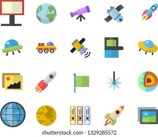 Color flat icon set laser flat vector, billboard, rocket, earth, flag, moon, satellit, lunar rover, ufo, telescope, folders for papers, core of the fector, baggage claim, gallery