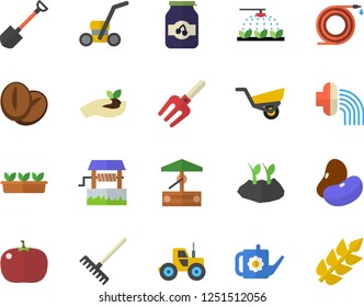 Color flat icon set legumes flat vector, coffee beans, tomato, jam, well, tractor, sprinkling machine, pitchfork, shovel, hose, seedlings, rake, watering can, planting plants, irrigation, lawn mower