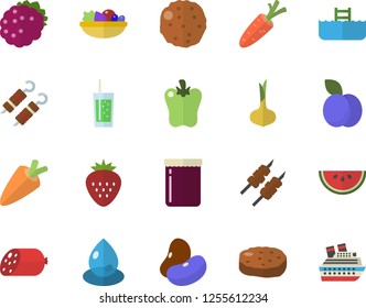 Color flat icon set legumes flat vector, onion, carrot, sausage, watermelon, salad, shashlik, cutlet, bell pepper, soda, jam, Strawberry, blackberry, plum, drop, pool fector, cruise ship