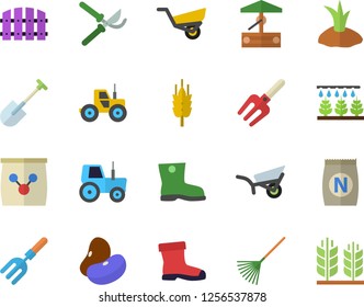 Color flat icon set legumes flat vector, ear, fertilizer vectory, well, tractor, sprinkling machine, pitchfork, shovel, fence, secateurs, rake, planting plants, garden wheelbarrow, gumboots