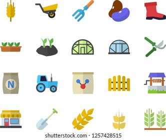 Color flat icon set legumes flat vector, ear, fertilizer vectory, well, grain warehouse, tractor, pitchfork, shovel, fence, secateurs, planting plants, garden wheelbarrow, gumboots, seedlings
