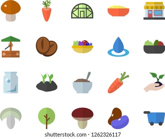 Color flat icon set legumes flat vector, mushroom, salad, porridge, coffee beans, carrot, well, tree, grain warehouse, seedlings, planting plants, greenhouse, drop, glass bottles