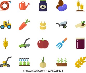 Color flat icon set legumes flat vector, onion, tomato, jam, ear, carrot, tractor, sprinkling machine, pitchfork, hose, seedlings, watering can, garden wheelbarrow, lawn mower