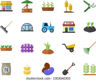 Color flat icon set legumes flat vector, ear, fertilizer vectory, well, grain warehouse, tractor, shovel, fence, secateurs, rake, planting plants, garden wheelbarrow, seedlings, greenhouse