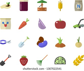 Color flat icon set legumes flat vector, garlic, onion, tomato, jam, Strawberry, ear, fertilizer vectory, well, carrot, shovel, secateurs, seedlings, rake, planting plants, lawn mower, greenhouse