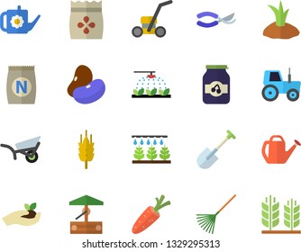 Color flat icon set legumes flat vector, jam, seeds, ear, fertilizer vectory, well, carrot, tractor, sprinkling machine, shovel, secateurs, seedlings, rake, watering can, planting plants, lawn mower