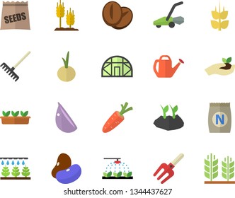 Color flat icon set legumes flat vector, coffee beans, garlic, onion, ear, seeds, fertilizer vectory, carrot, sprinkling machine, pitchfork, seedlings, rake, watering can, planting plants