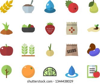 Color flat icon set legumes flat vector, salad, porridge, onion, tomato, cranberry, Strawberry, pear, orange, seeds, tree, seedlings, planting plants, greenhouse, drop, ear, diet